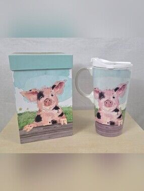 NWT Evergreen Spotted Pig Ceramic Travel Mug With Spill Proof Lid And Box